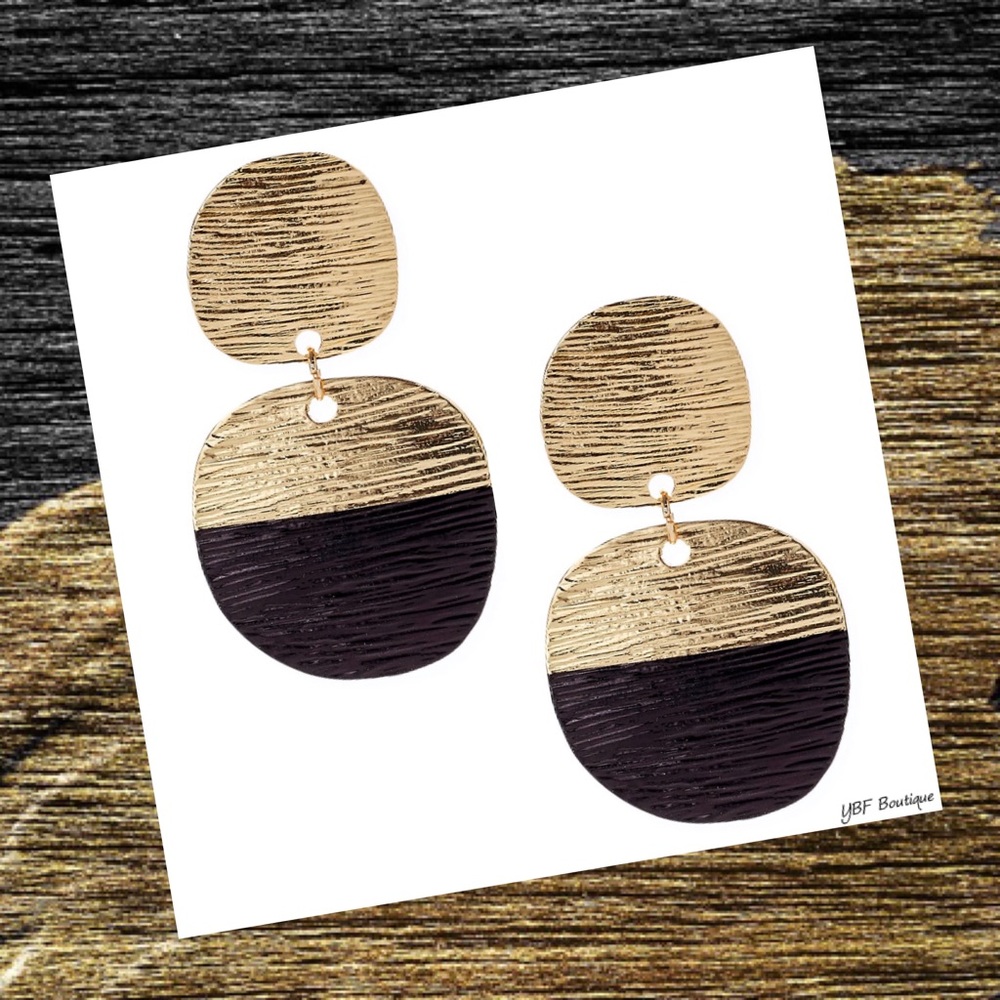 New Black & Gold Brushed Metal Drop Post Statement Fashion Earrings
